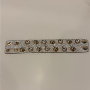 Vtg Silver Genuine Leather Goldtone Studs & Clear Rhinestone Bracelet